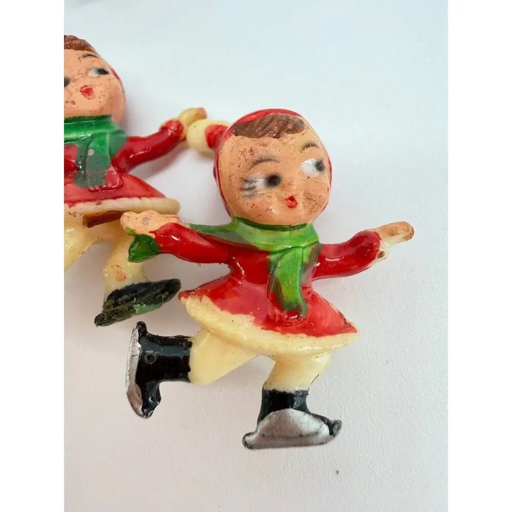 Vintage Hong Kong Plastic Christmas Figures Deer Ice Skaters Figurine Set